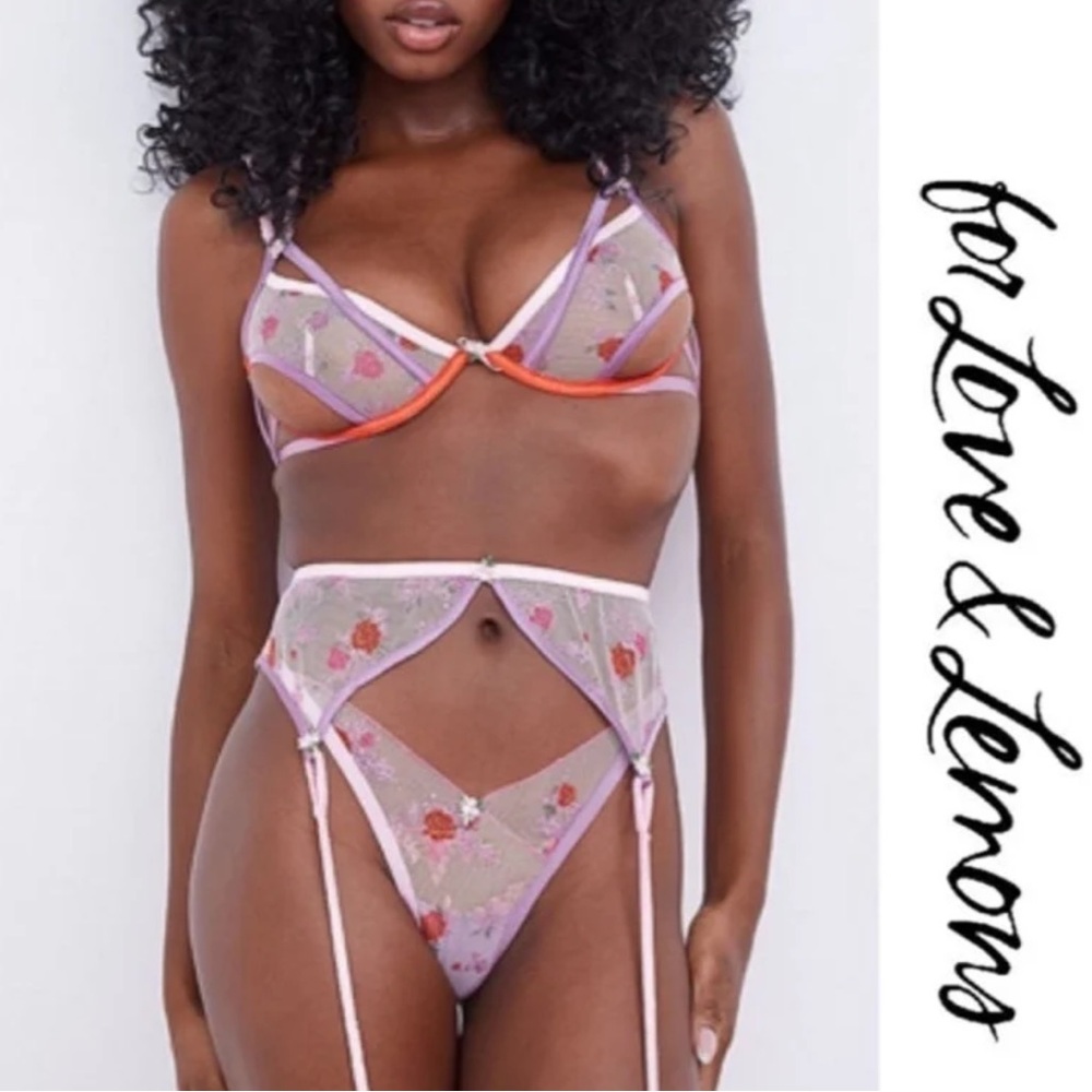 🍋NwTs-$158 FOR LOVE & LEMONS 2pc Rose Bra & Garter Belt Lingerie Set Underwire